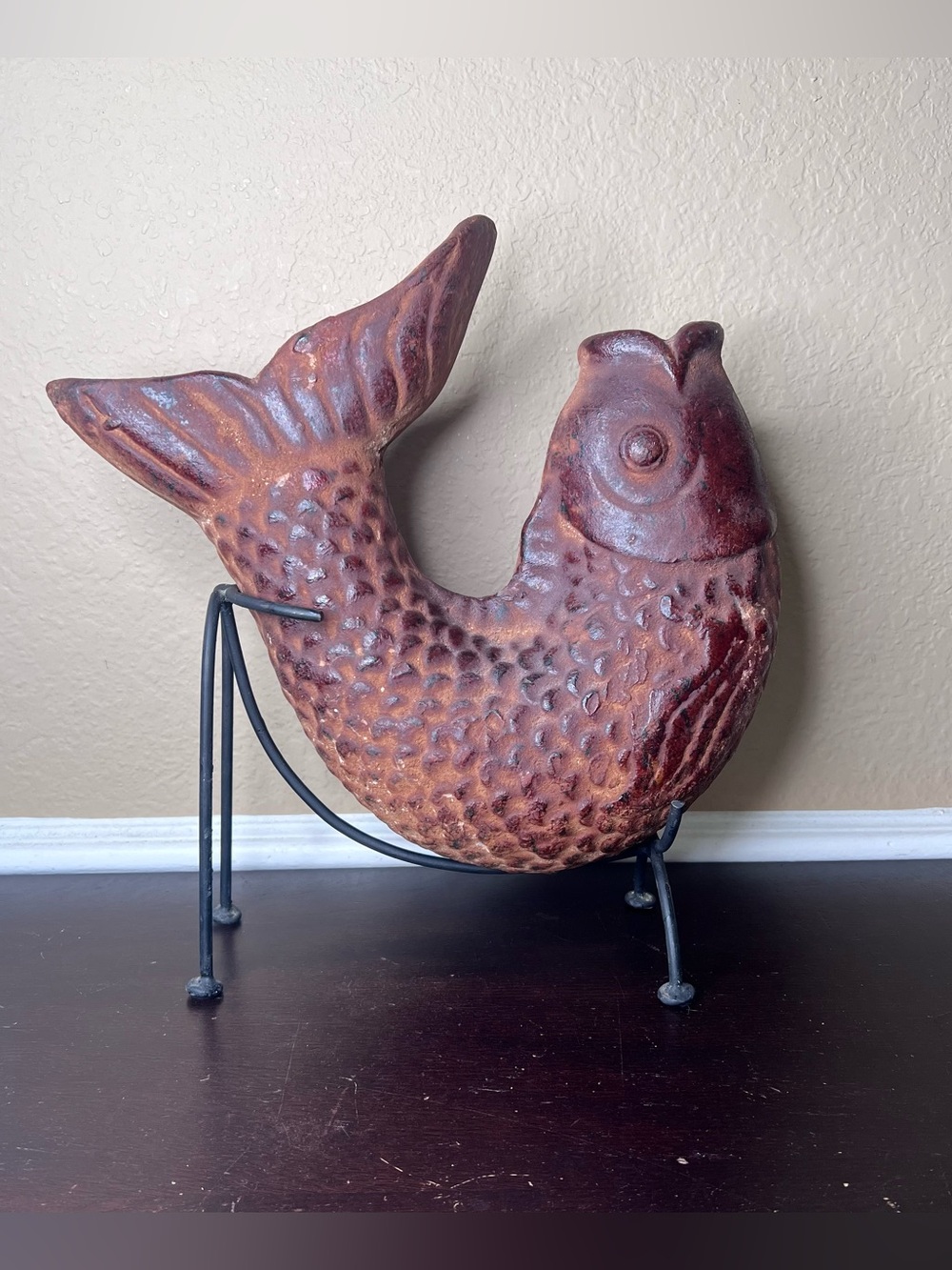 Vintage 1970s Mexican Barro Rojo Fish Planter on Custom Iron Stand